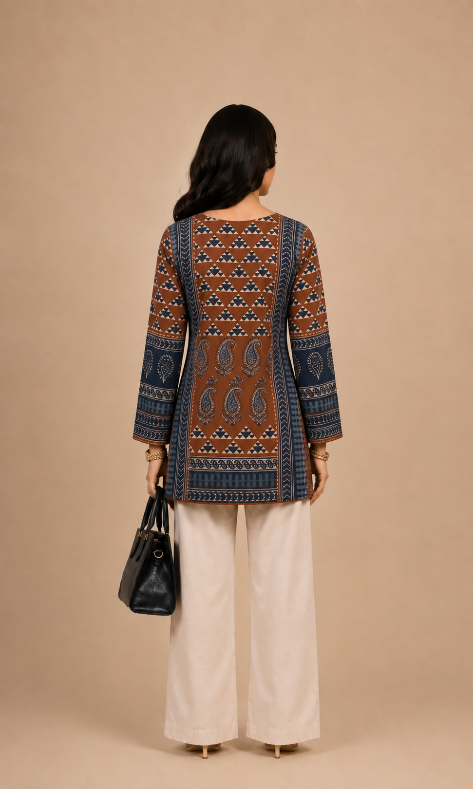 Rust Brown & Navy Blue Printed Short Kurti