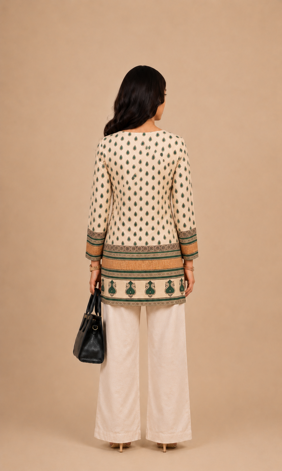 Cream & Green Printed Short Kurti