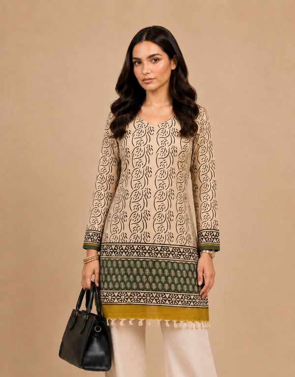 Beige Green Leaf Printed Short Kurti