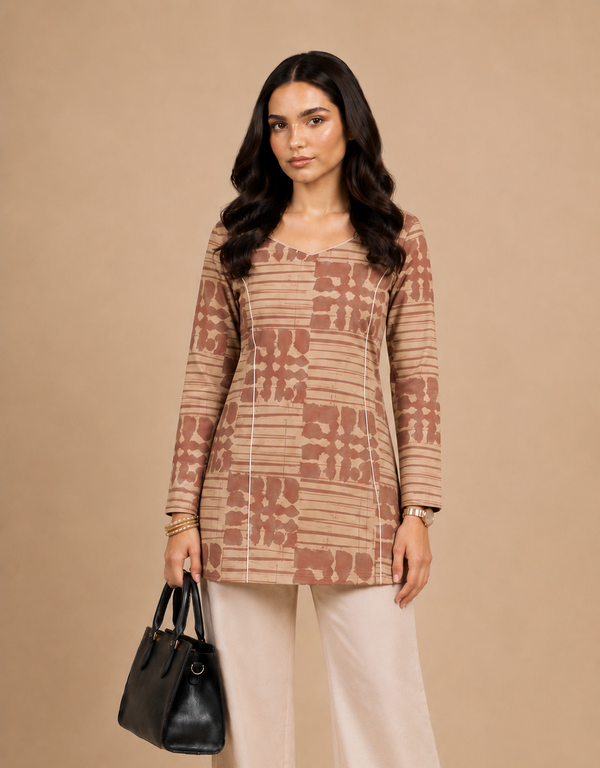 Beige Abstract Grid Print Cotton Short Kurti