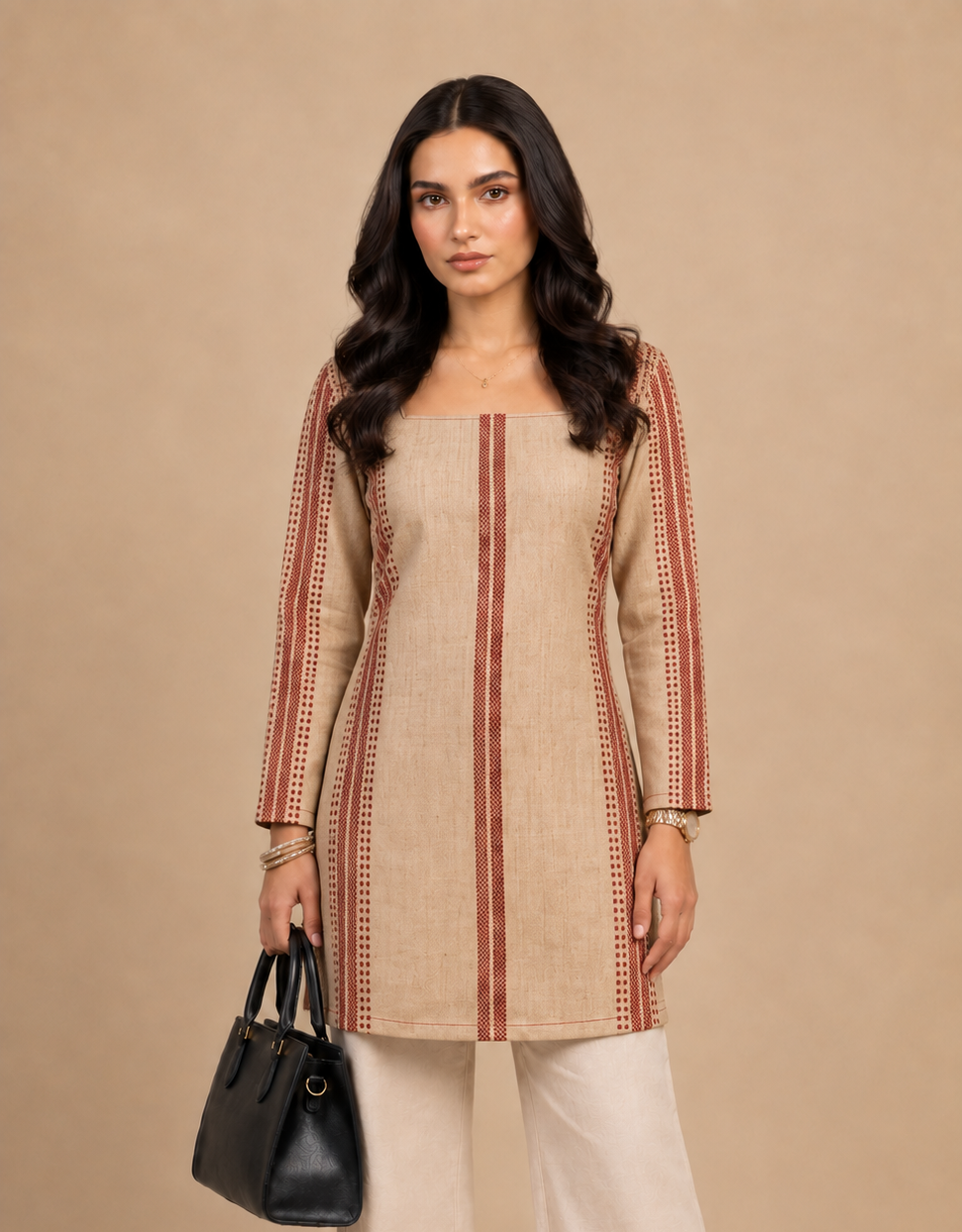 Beige & Maroon Printed Short Kurti