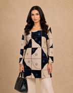 Beige & Navy Geometric Printed Straight Short Kurti