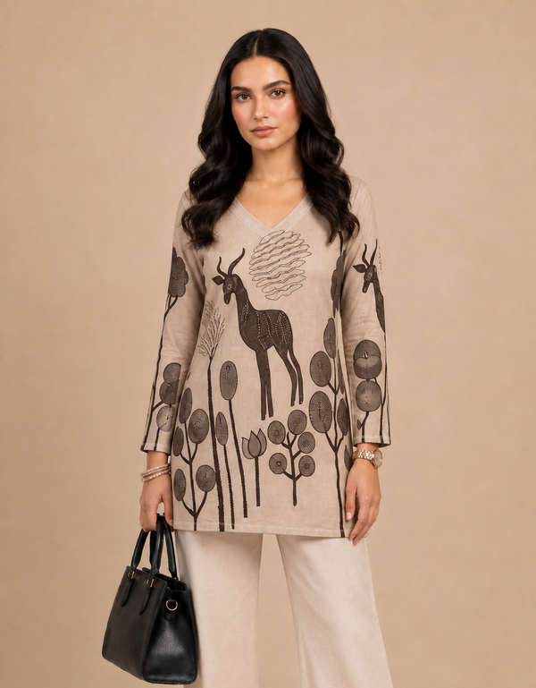 Beige Wildlife Printed Straight Kurti
