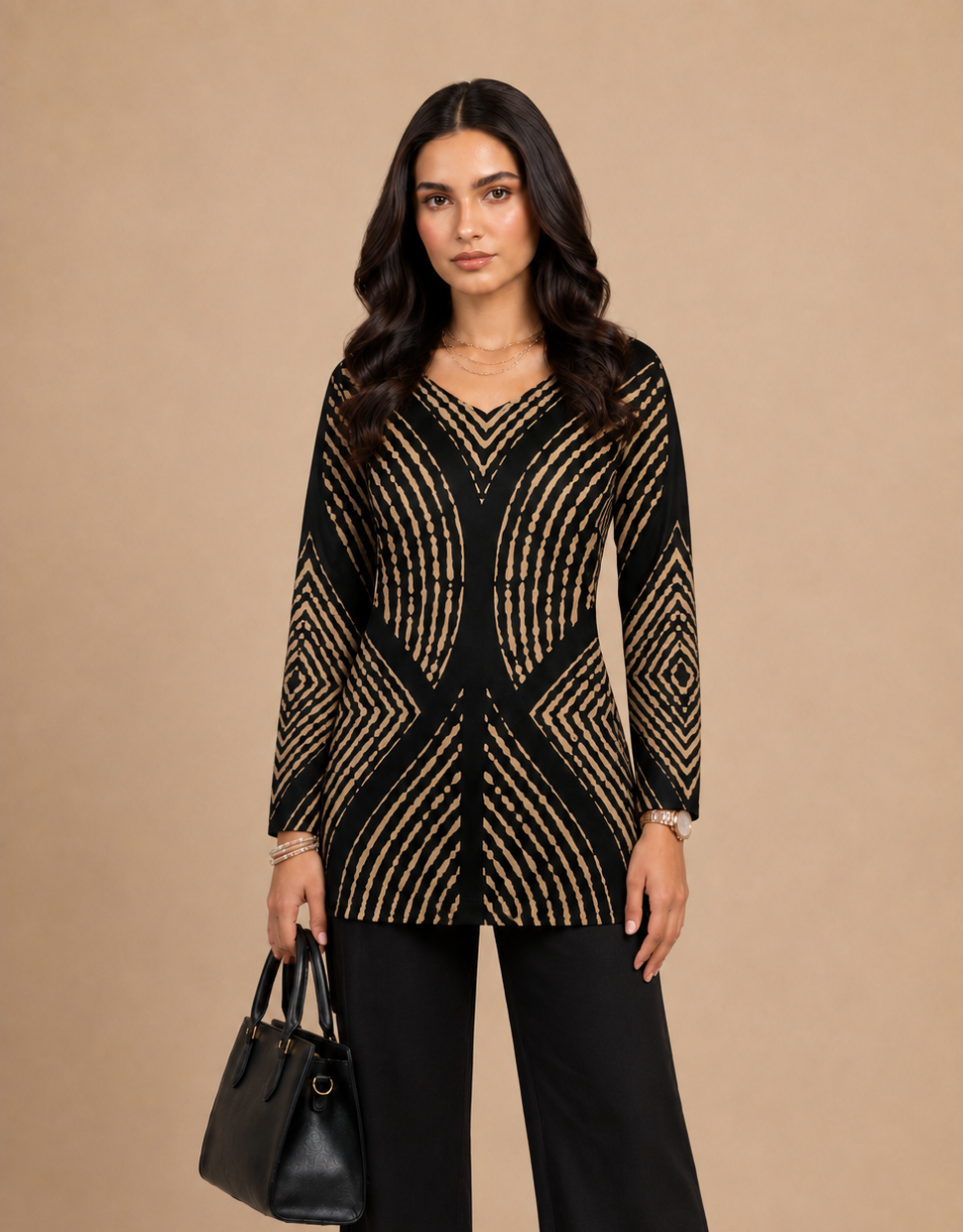 Black & Beige Geometric Printed Kurti