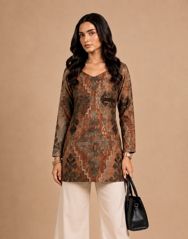 Brown Printed Short Kurti