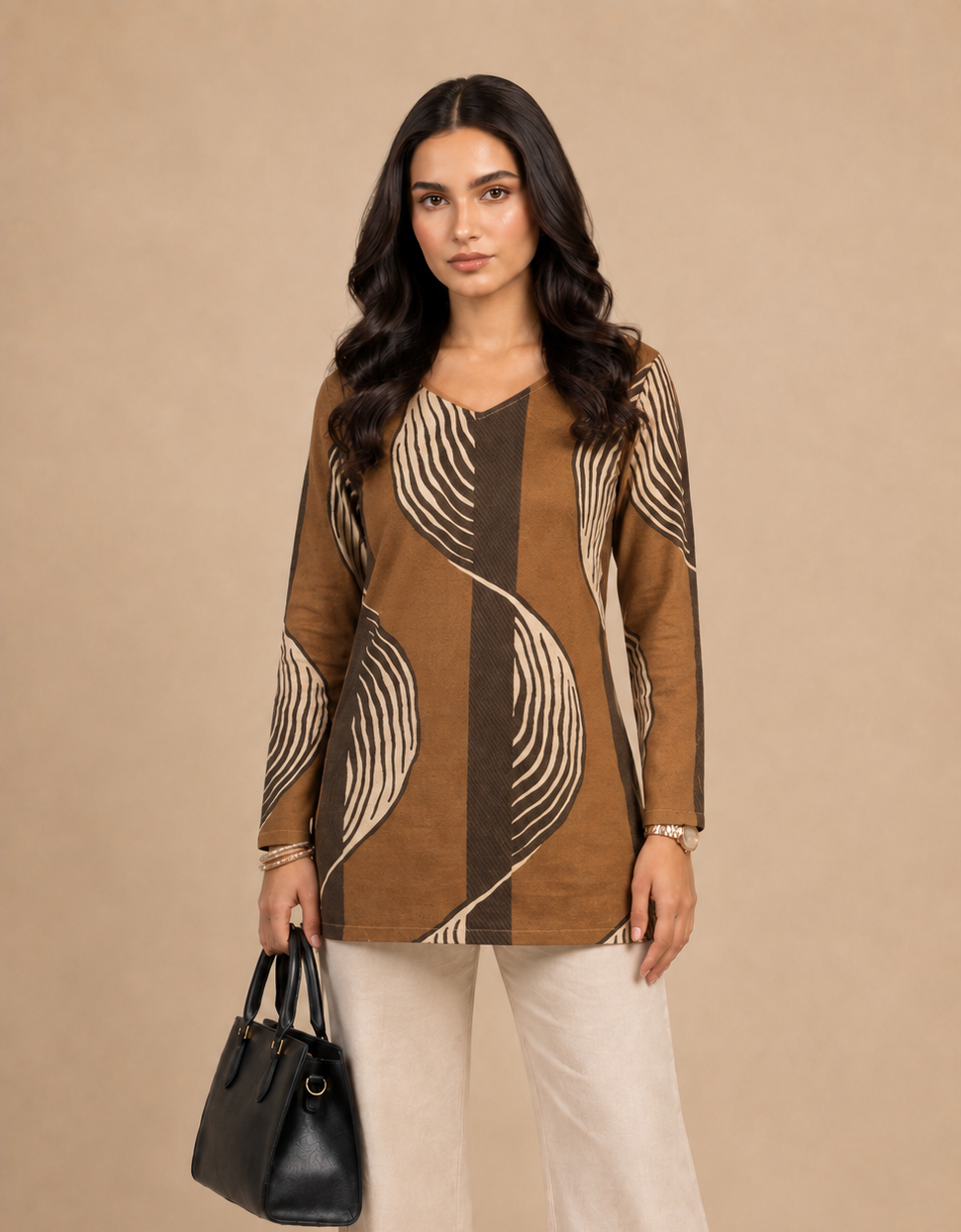 Brown Wave Print Cotton Short Kurti