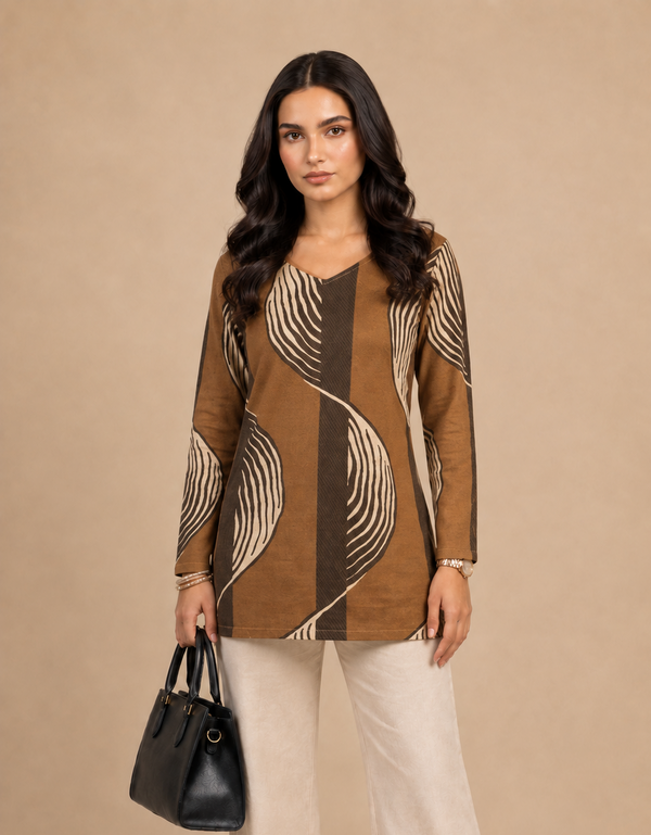 Brown Wave Print Cotton Short Kurti