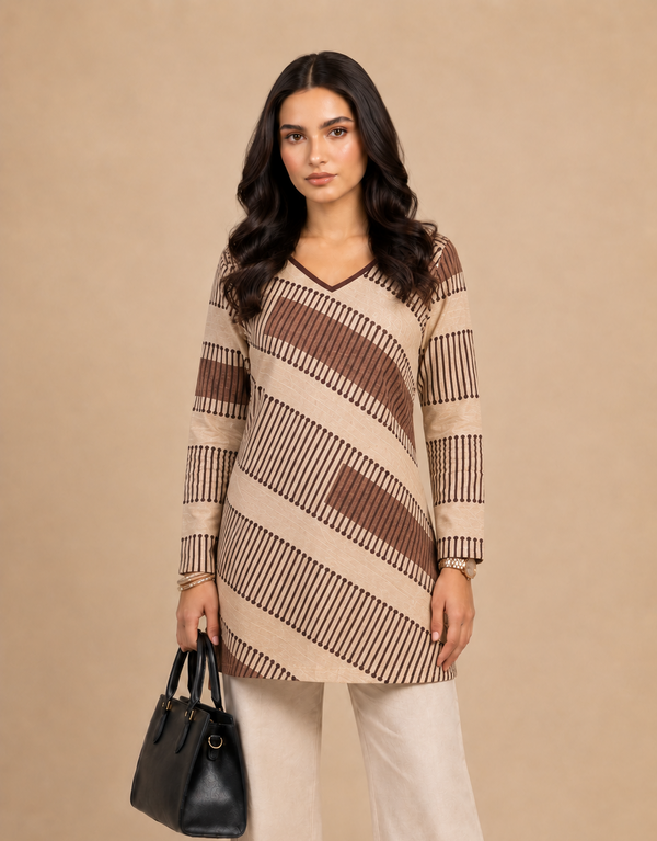 Brown Geometric Printed Short Kurti