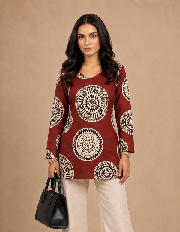 Maroon Round Printed Rayon Kurti
