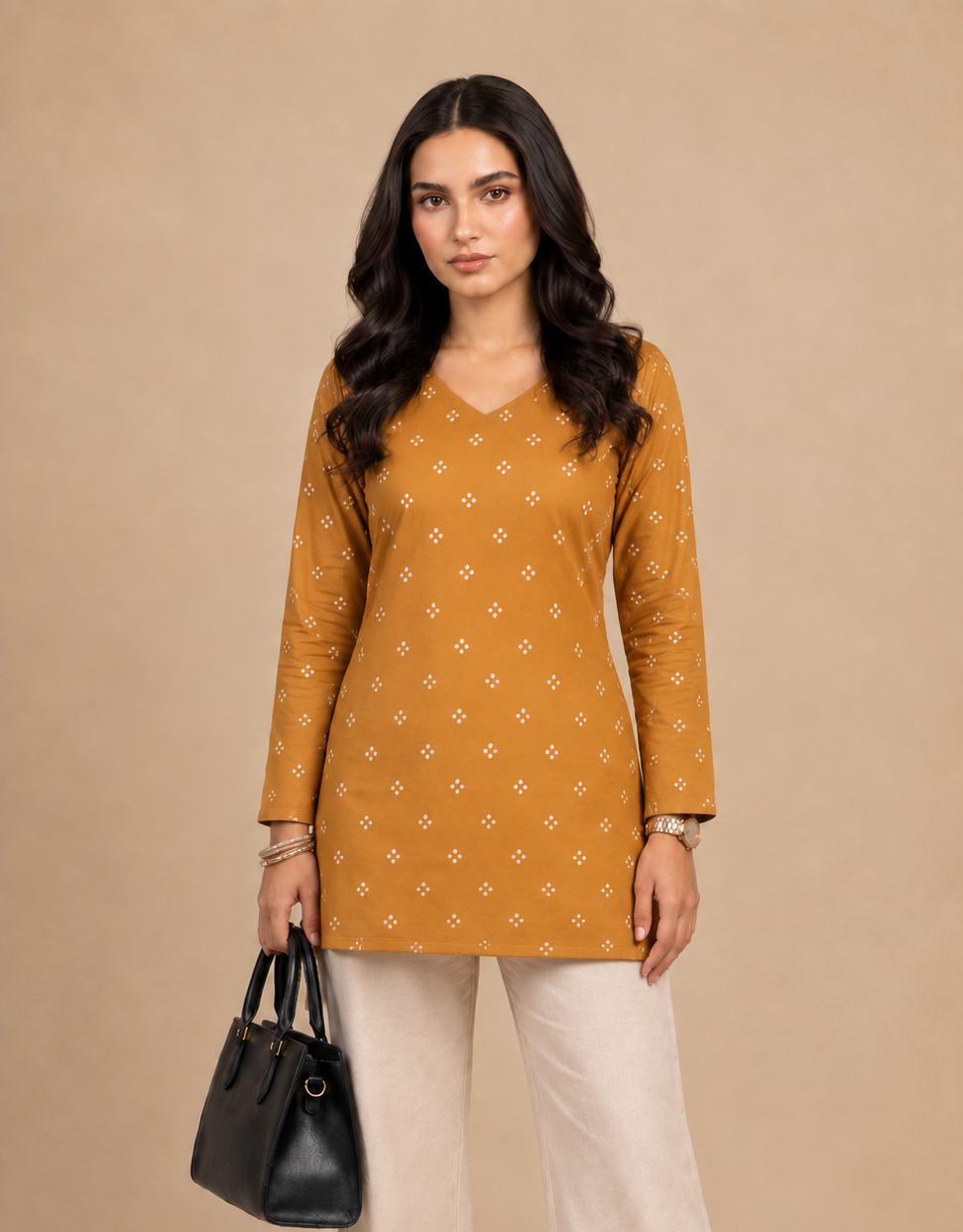 Mustard Bandhani Print Straight Short Kurti