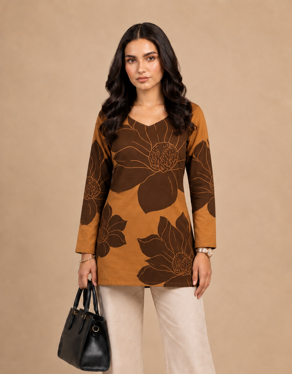 Mustard Brown Floral Printed Straight Kurti