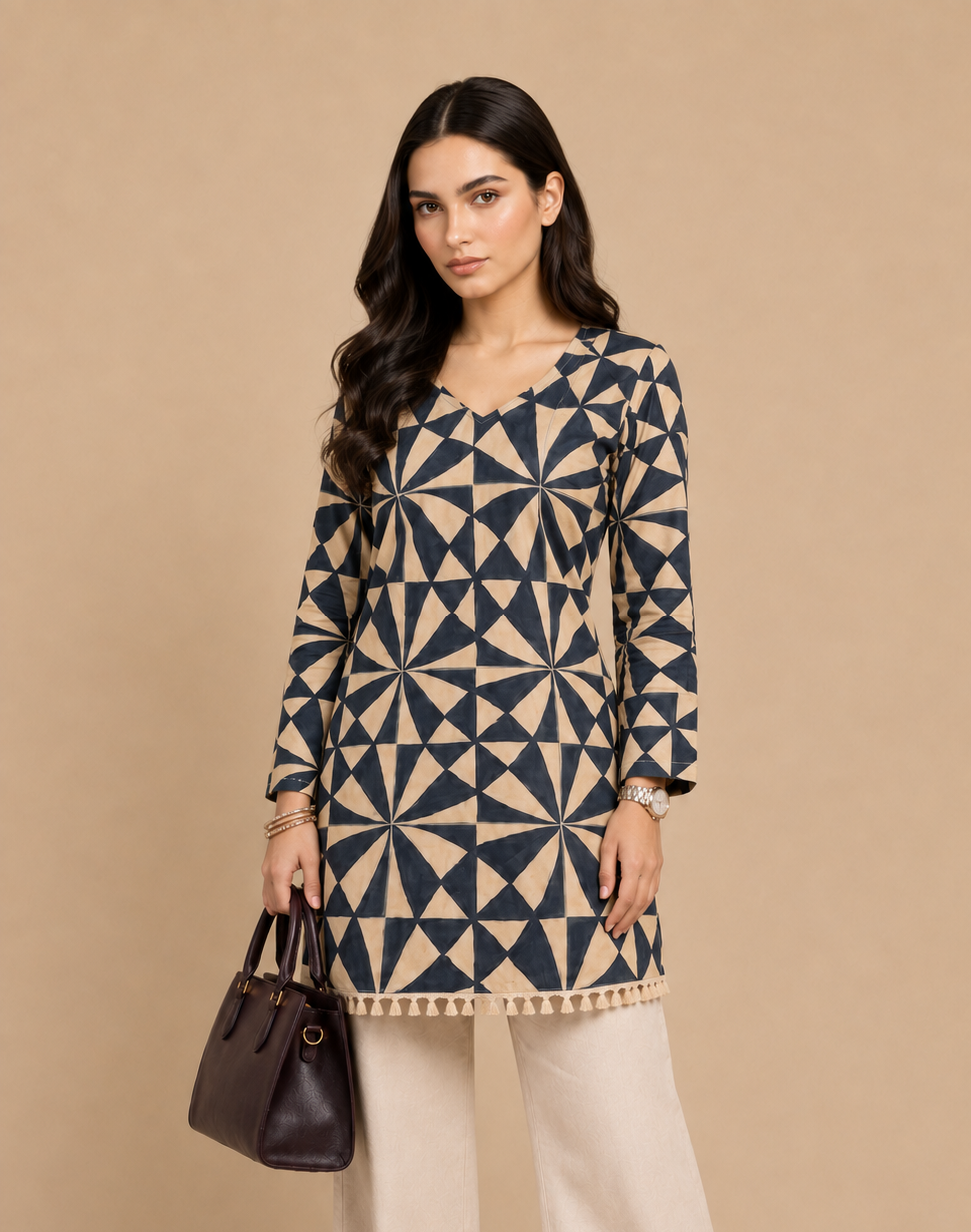 Navy Blue & Beige Geometric Printed Short Kurti