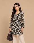 Navy Blue & Beige Geometric Printed Short Kurti