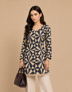 Navy Blue & Beige Geometric Printed Short Kurti