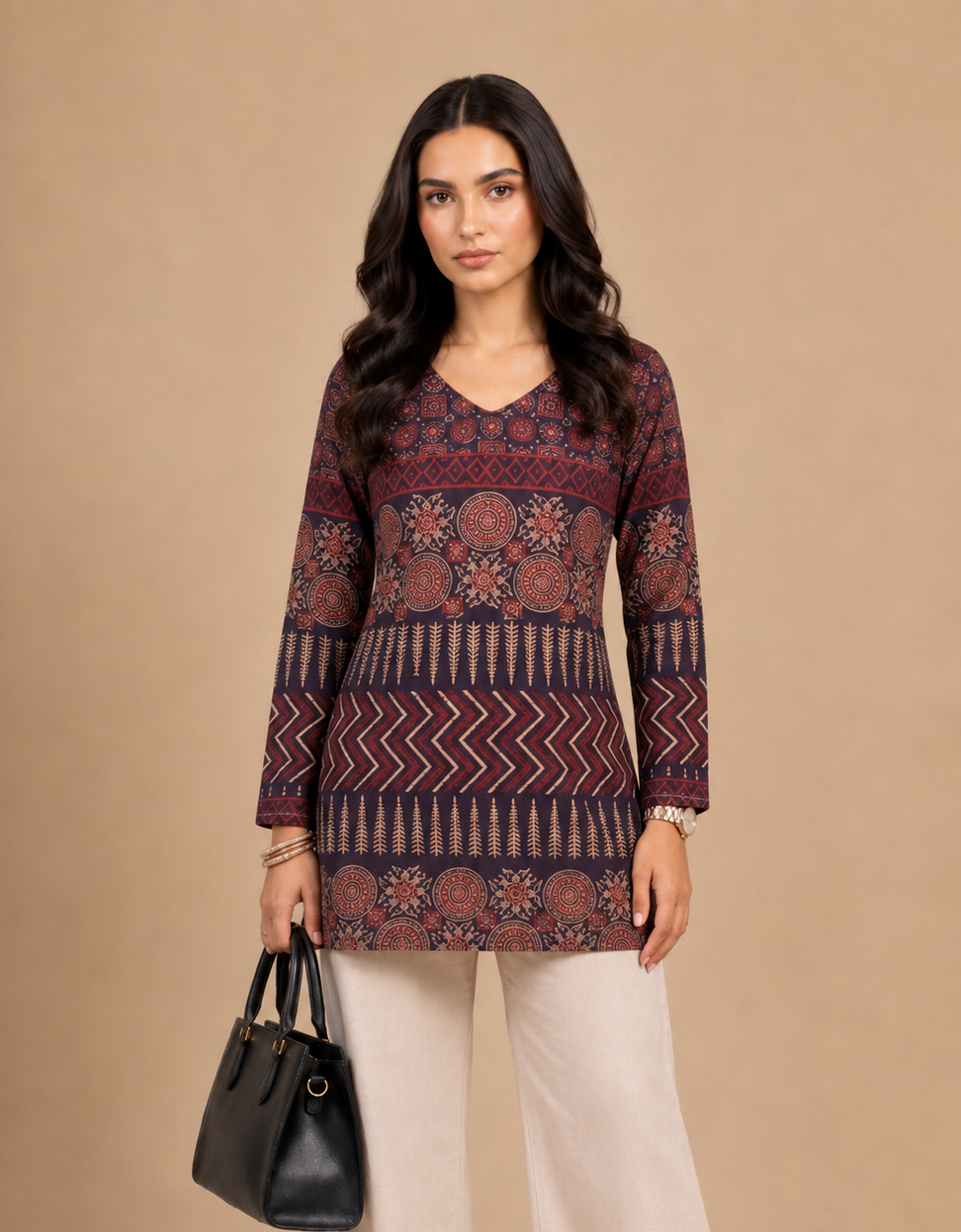 Navy Blue Ethnic Printed Straight short Kurti