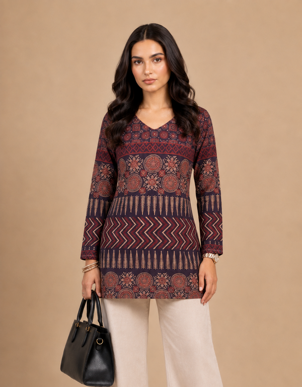 Navy Blue Ethnic Printed Straight Kurti