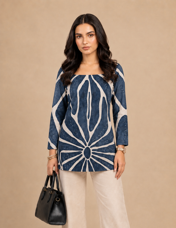 Navy Blue Printed Short Kurti