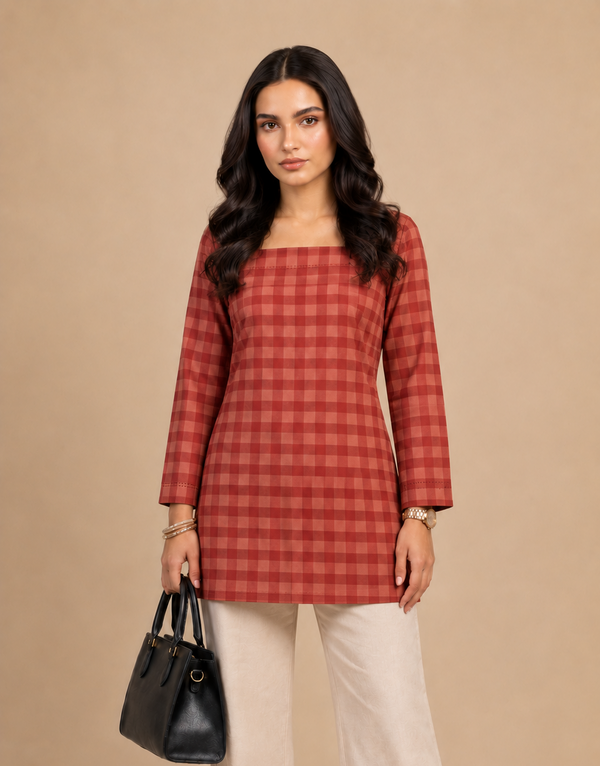 Red Checkered Straight-Cut Kurti
