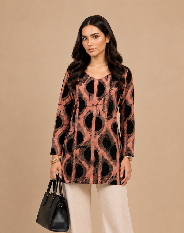 Rust Brown & Black Abstract Printed Kurti
