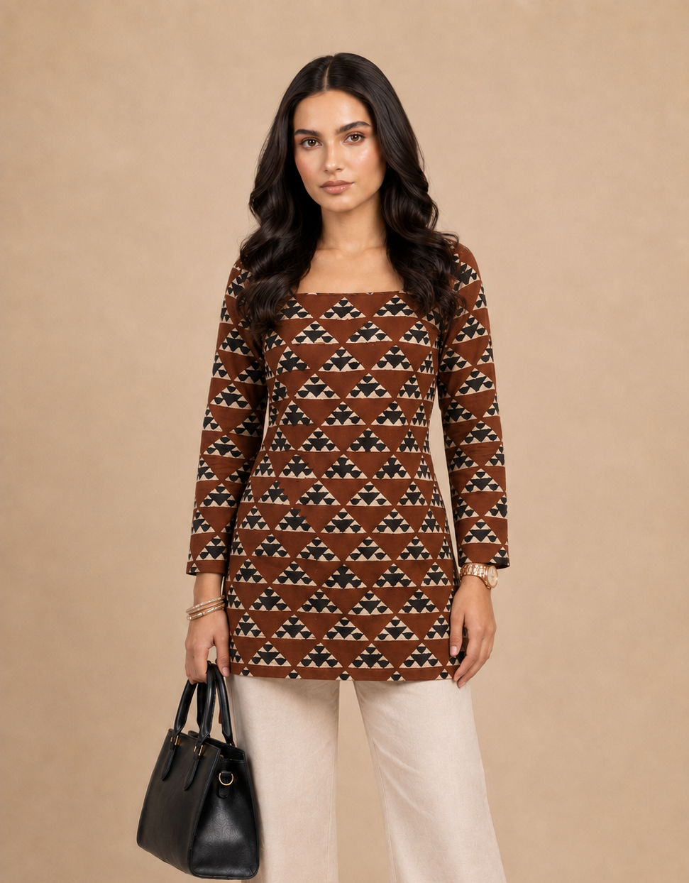 Rust Brown Geometric Printed Straight Kurti