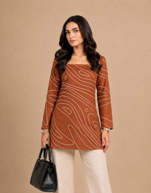 Rust Brown Abstract Line Print Straight Kurti