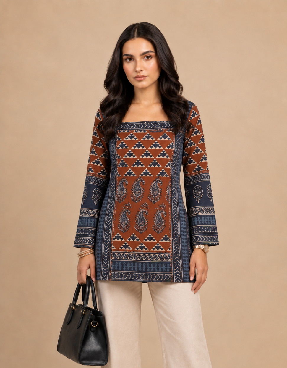 Rust Brown & Navy Blue Printed Short Kurti