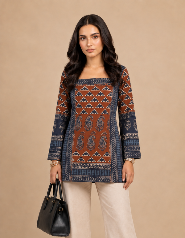 Rust Brown & Navy Blue Printed Short Kurti