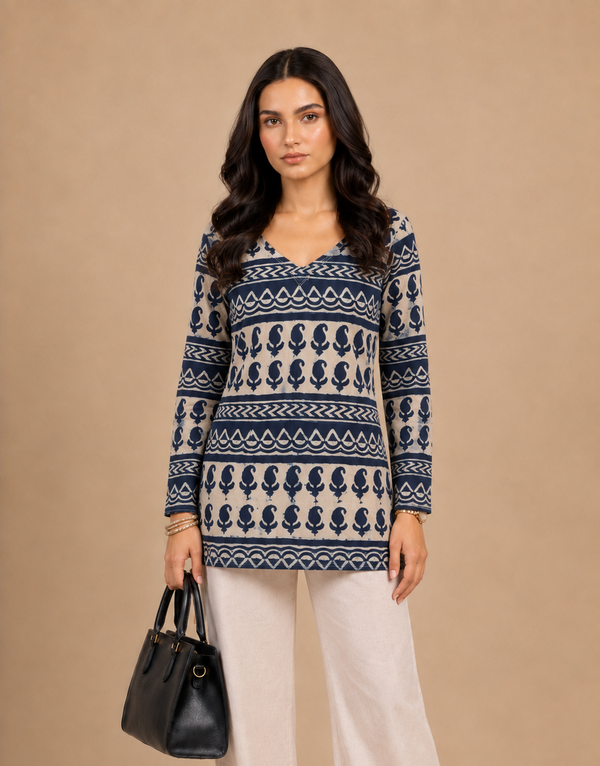 blue and ivory printed short kurti for women